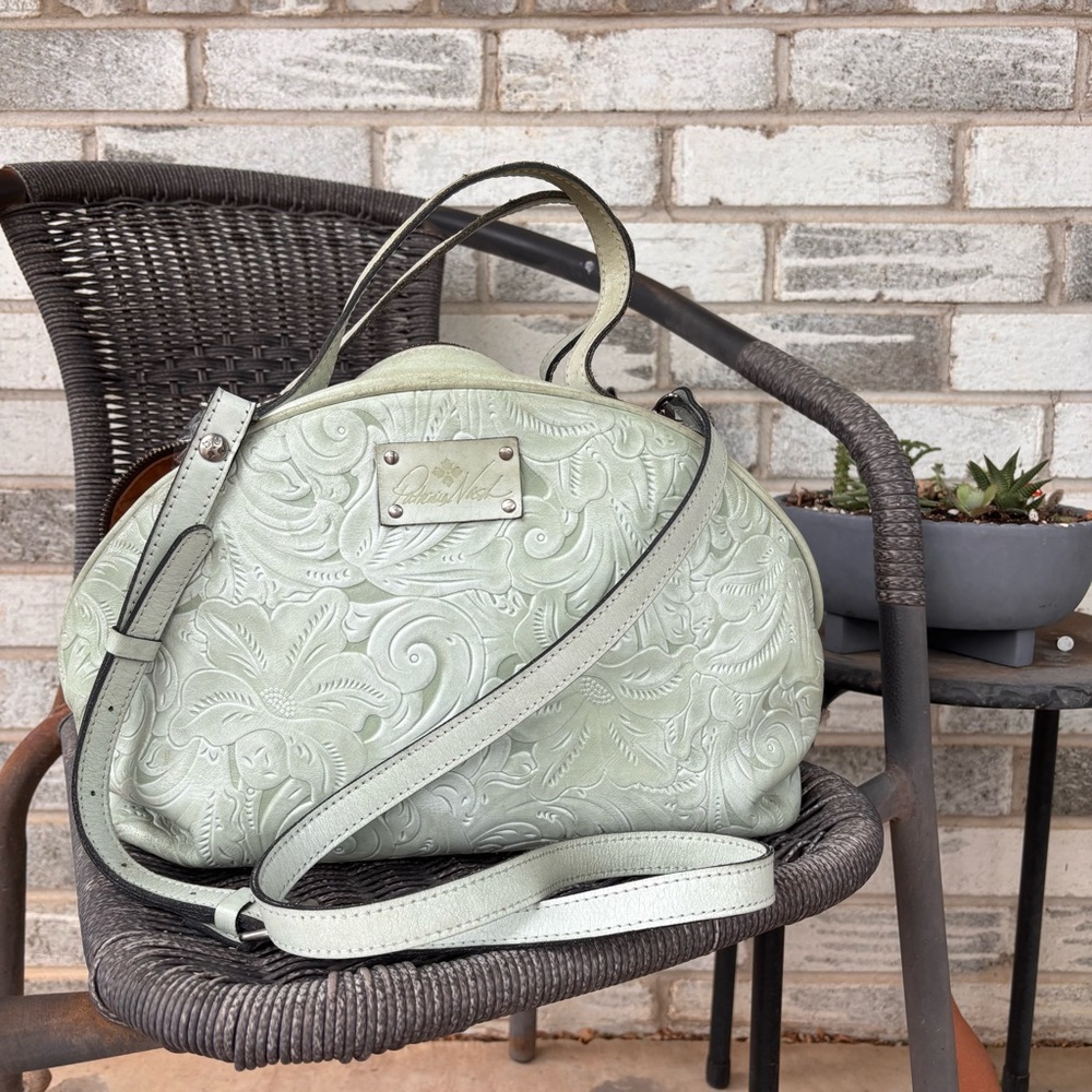 Patricia Nash Fiora Mint Green White Wax Leather Tooled Dome Satchel/Crossbody